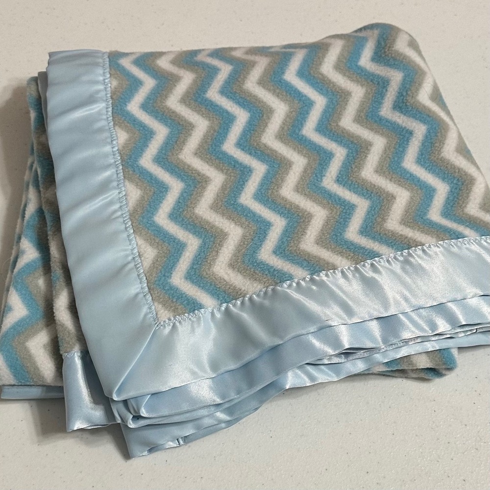 Chevron Fleece Baby Receiving Blanket Satin Trim Zig Zag Blue Grey White 46x46